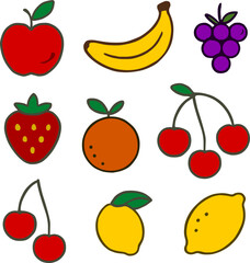 Flat vector illustration of fruits including apple, banana, orange, grape, cherry, strawberry, and lemon. Colorful cartoon style for healthy food or summer themes.