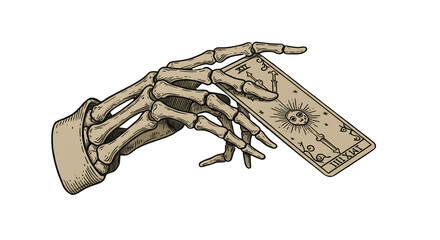 Skeleton hand holding tarot card