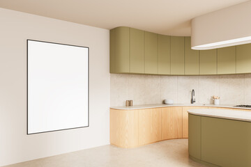 Modern kitchen interior with large wall poster mockup on beige wall and curved olive green cabinets in stylish minimalist design template scene. 3D Rendering