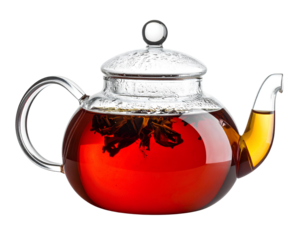 Glass teapot filled with steaming black tea, elegant design, isolated on transparent background, PNG