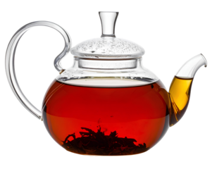 Glass teapot filled with steaming black tea, elegant design, isolated on transparent background, PNG
