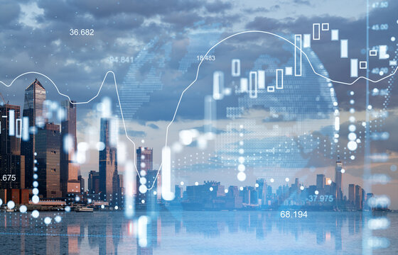 Financial market graph overlays Manhattan cityscape at sunset, showcasing crypto and data trend concept in New York skyline view.