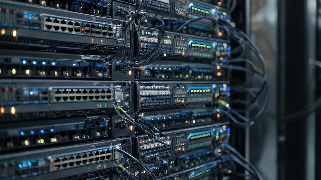 A close-up of a server room filled with stacked network equipment, lit with various lights