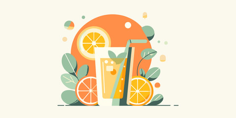 Flat vector illustration of a healthy summer citrus drink, showcasing a glass of fresh orange juice with a straw, decorated with fruit slices and foliage