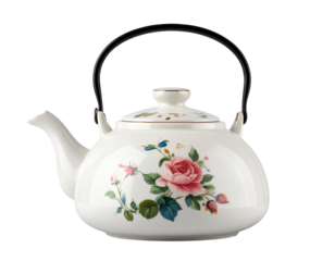 Vintage ceramic teapot with rising steam, classic design for tea lovers, isolated on transparent background, PNG