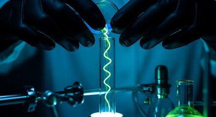 Glowing Chemical Reaction: Scientist Pours Liquid into Test Tube, Laboratory Setting.