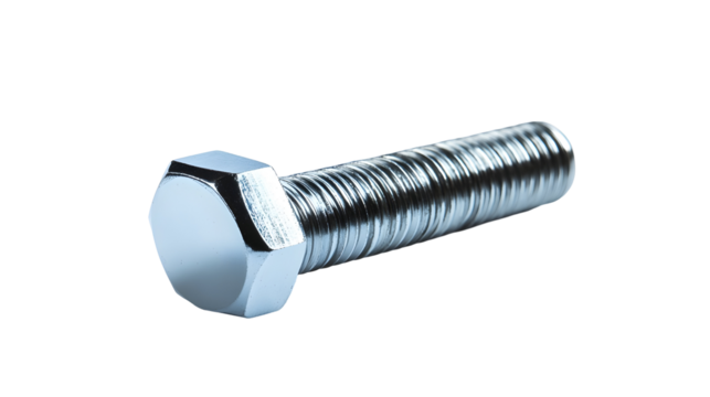 Close-up of solitary metal hex bolt on black background for industrial design