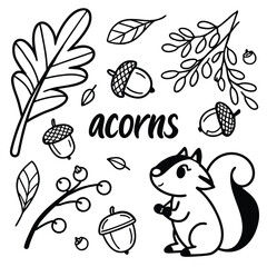 A black-and-white autumn scene centered on the bold word acorns, surrounded by multiple acorns, various leaves and branches with berries, and a cartoon squirrel holding an acorn, creating a playful.