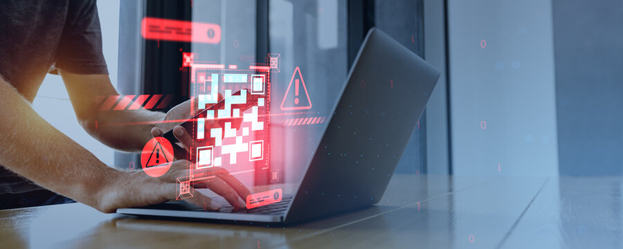 Person scanning malicious QR code on smartphone with warning signs near laptop showing cybersecurity threat concept in digital environment. - Powered by Adobe