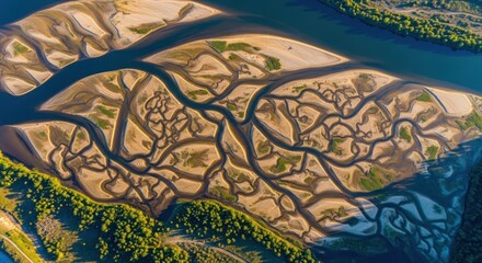 Aerial view of a river delta with winding channels and sandbars, surrounded by green vegetation and a blue river.