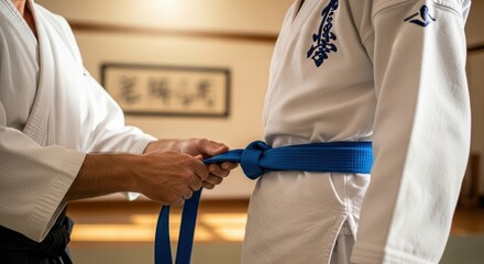 Martial arts instructor tying blue belt on young caucasian male in dojo