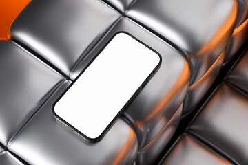 Smartphone mockup with blank white screen on metallic padded surface with orange lighting for app design or branding presentation concept. 3D Rendering