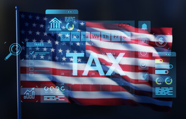 Tax and financial planning concept with digital icons and calendar overlay on waving American flag background using double exposure effect. 3D Rendering