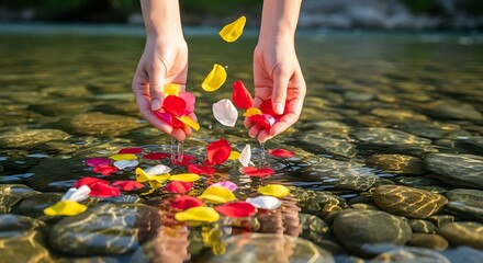 Hands Releasing Colorful Rose Petals into Clear River Water