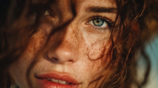 Close-up of a womans face and long curly hair model photoshoot bokeh background ethereal vibes