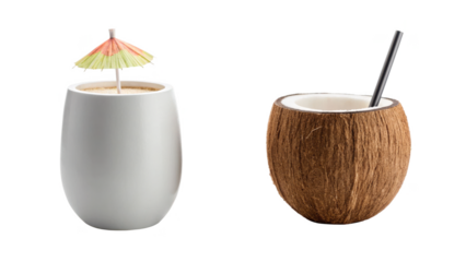 Two coconut cocktails and a glass isolated on transparent background, studio shot