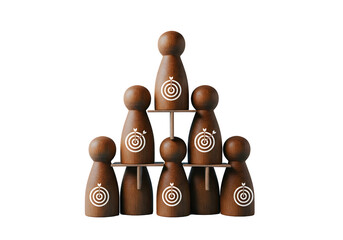 Wooden figures arranged in a pyramid shape with target symbols