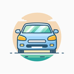 Modern illustration of a car with a sky-blue body and yellow headlights on a road, a transportation concept