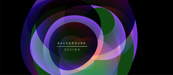 Abstract circles overlap, creating vibrant color gradients. Design features purple, green, blue hues. Text reads background design.
