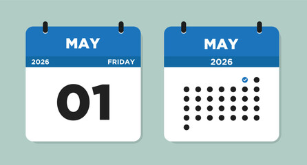 May 1 2026 (Friday) Calendar Vector Illustration. Day calendar page with date May 01. Week Starts on Sunday. Checklist day calendar. Modern Flat Calendar template icon.