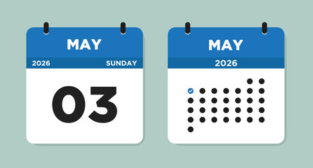 May 3 2026 (Sunday) Calendar Vector Illustration. Day calendar page with date May 03. Week Starts on Sunday. Checklist day calendar. Modern Flat Calendar template icon.