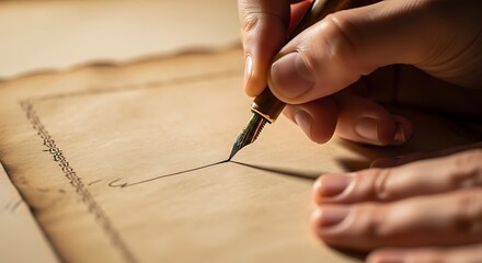 Hand Writes with Fountain Pen on Aged Parchment Paper with Decorative Border