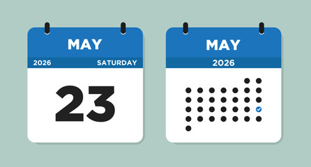 May 23 2026 (Saturday) Calendar Vector Illustration. Day calendar page with date May 23. Week Starts on Sunday. Checklist day calendar. Modern Flat Calendar template icon