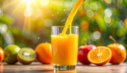 Fresh Orange Juice Pouring with Fruits