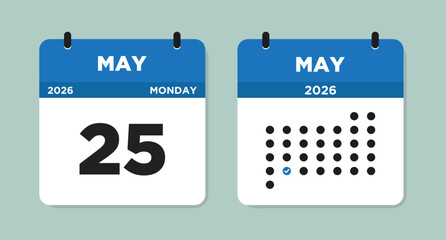 May 25 2026 (Monday) Calendar Vector Illustration. Day calendar page with date May 25. Week Starts on Sunday. Checklist day calendar. Modern Flat Calendar template icon.