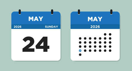 May 24 2026 (Sunday) Calendar Vector Illustration. Day calendar page with date May 24. Week Starts on Sunday. Modern Flat Calendar template icon. Checklist day calendar.