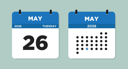 May 26 2026 (Tuesday) Calendar Vector Illustration. Day calendar page with date May 26. Week Starts on Sunday. Modern Flat Calendar template icon. Checklist day calendar.