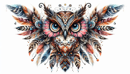 Boho Owl Illustration with Symmetry and Patterns