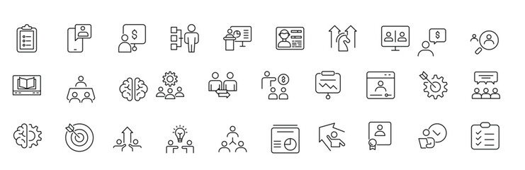 Set of Workshop and Coaching line icons. Outline icon collection related to training, coaching, mentoring, education, meetings, conferences, and teamwork.