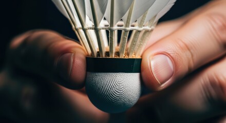 Close-up of hands holding a badminton shuttlecock with detailed texture