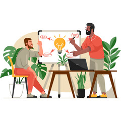 Two diverse men collaborate on a business idea presentation with a whiteboard drawing of a lightbulb and connecting arrows surrounded by plants and a laptop on a wooden table