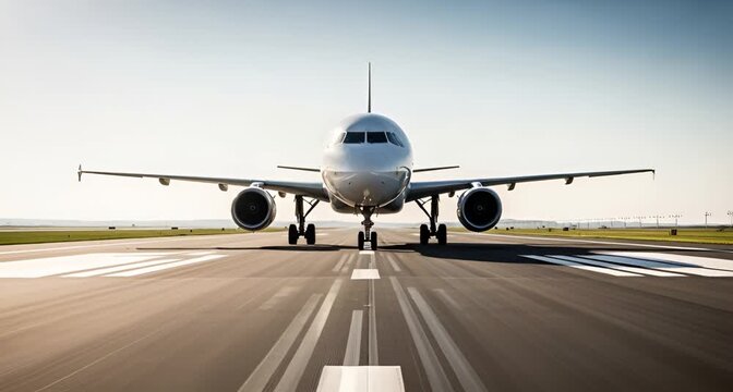 Front view of a commercial airplane taxiing on a runway with motion blur effect animated 4k video