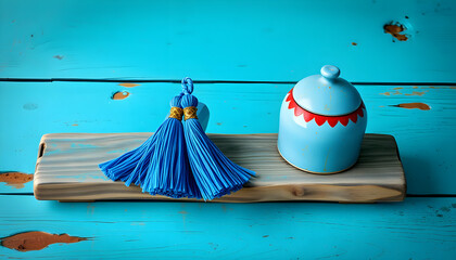 Artistic blue decorative objects on wooden board home decor minimalist style top view