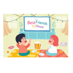 Two Cheerful Children Watching Best Friends TV Show Together Sharing Popcorn Snacks in a Cozy Living Room with Festive String Lights Overhead and Soft Window Light