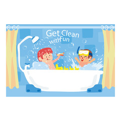 Two cheerful children with snorkels splash and play with rubber ducks in a bubbly bathtub creating a fun bath time experience with light blue tiled background and yellow curtains