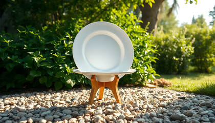 Outdoor plate display on wooden stand in garden setting with natural light