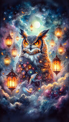 Celestial Owl Among Lanterns and Swirling Mist