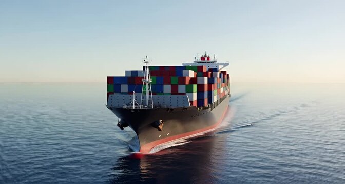 A large container ship sails across the calm blue ocean under a clear sky, carrying colorful cargo containers animated 4k video