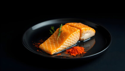Grilled salmon fillets with paprika gourmet kitchen food photography dark setting gourmet concept