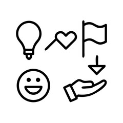 Icons representing ideas, love, goals, satisfaction, and support