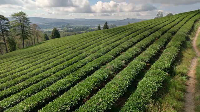 a view of a tea plantation in the middle of a field