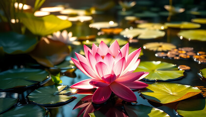 Vibrant pink lotus flower tranquil pond nature photography serene environment close-up view
