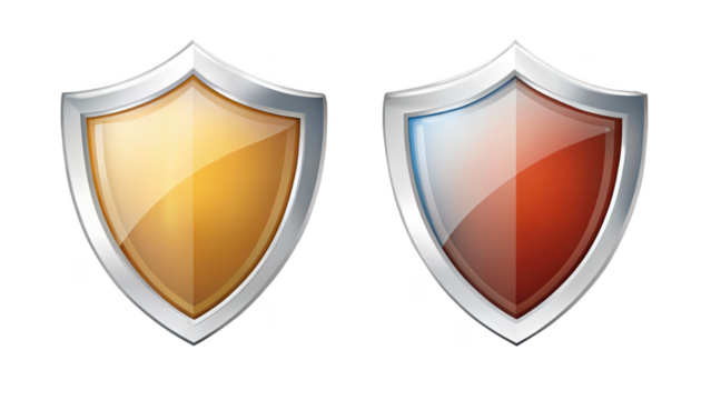 Two shields in gold and red isolated on transparent background, protection concept - Powered by Adobe