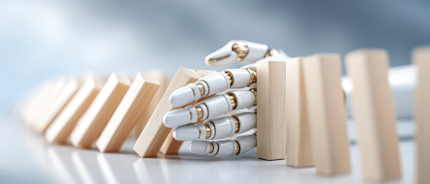 Robotic hand stopping falling dominoes artificial intelligence intervention technology saving futuristic concept risk prevention innovation crisis management automation protection safety