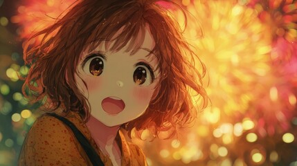Adorable anime cutie colorful fireworks display festive celebration theme