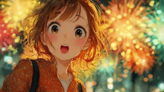 Adorable anime cutie colorful fireworks display festive celebration theme